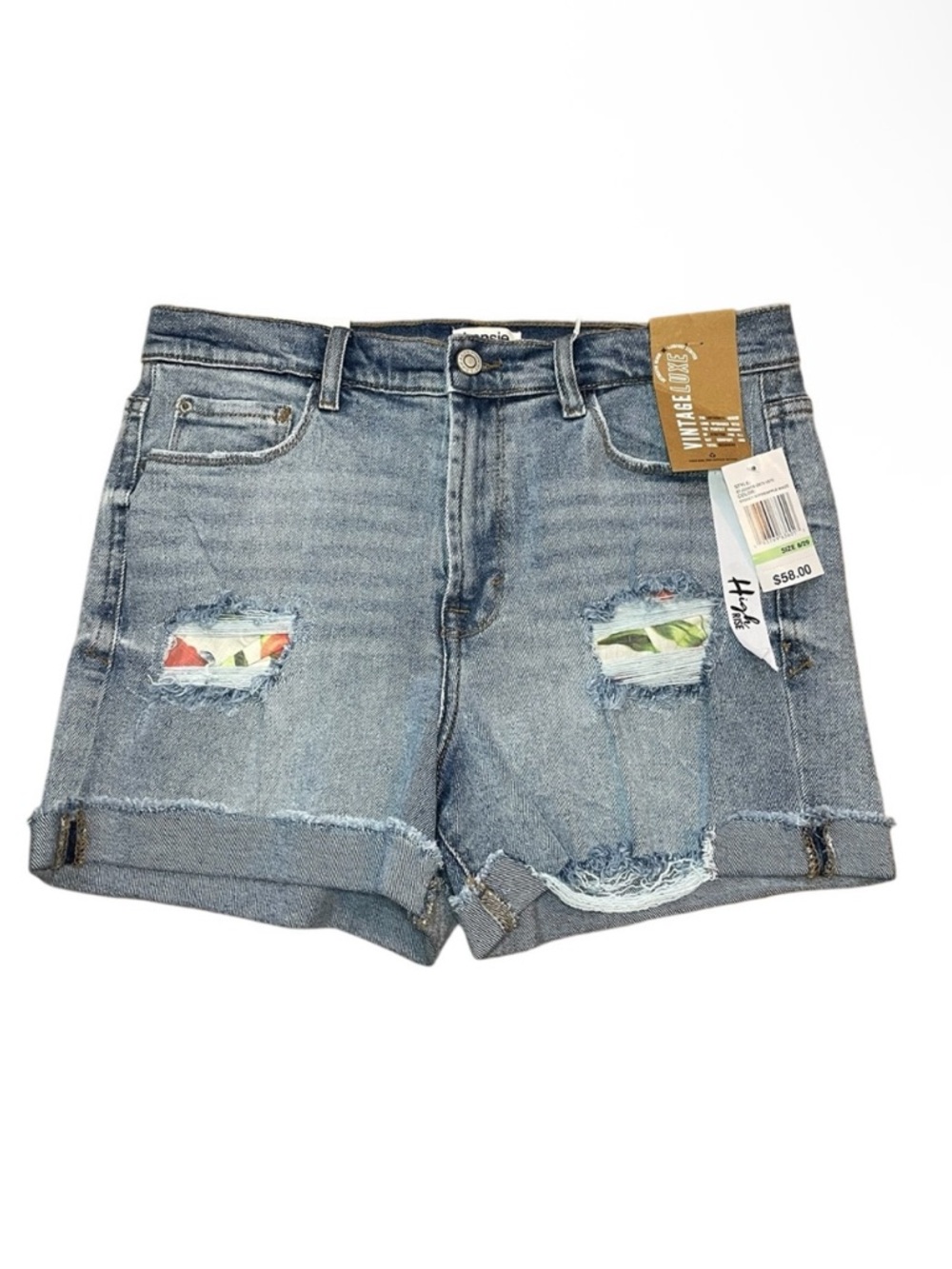 Kensie Jeans Vintage Luxe Distressed Patched High Rise Shorts